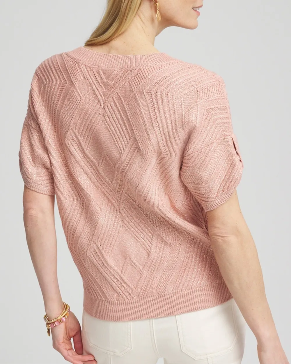 Pink V-Neck Cable Knit Short Sleeve Sweater