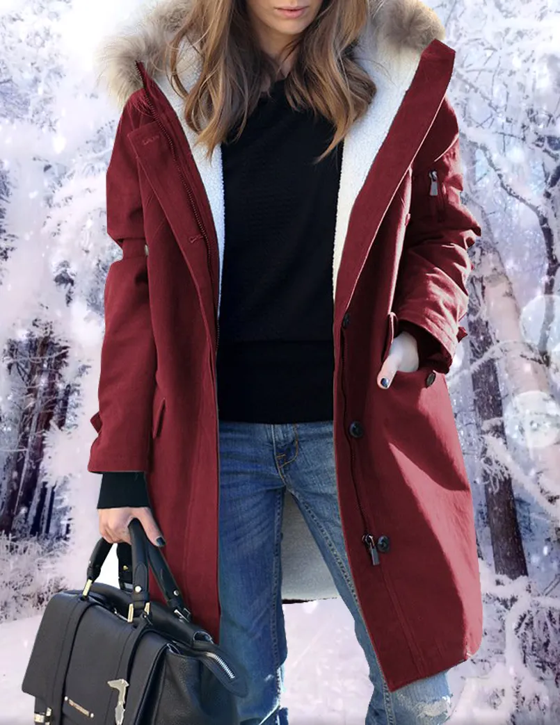 Colorblock Hooded Fur Collar Coat