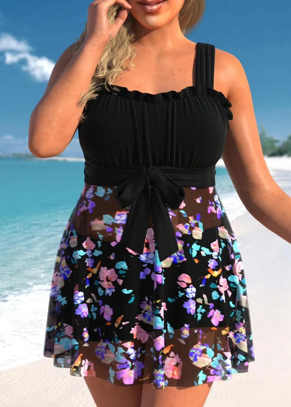 Bowknot Floral Print Black Swimdress Top