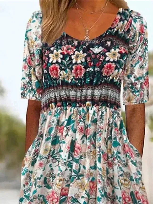 Women's Casual Dress Summer Dress Boho Dress Floral Ruched Pocket Crew Neck Midi Dress Fashion Modern Outdoor Daily Short Sleeve Regular Fit Pink Dark Blue Light Blue Summer Spring S M L XL XXL