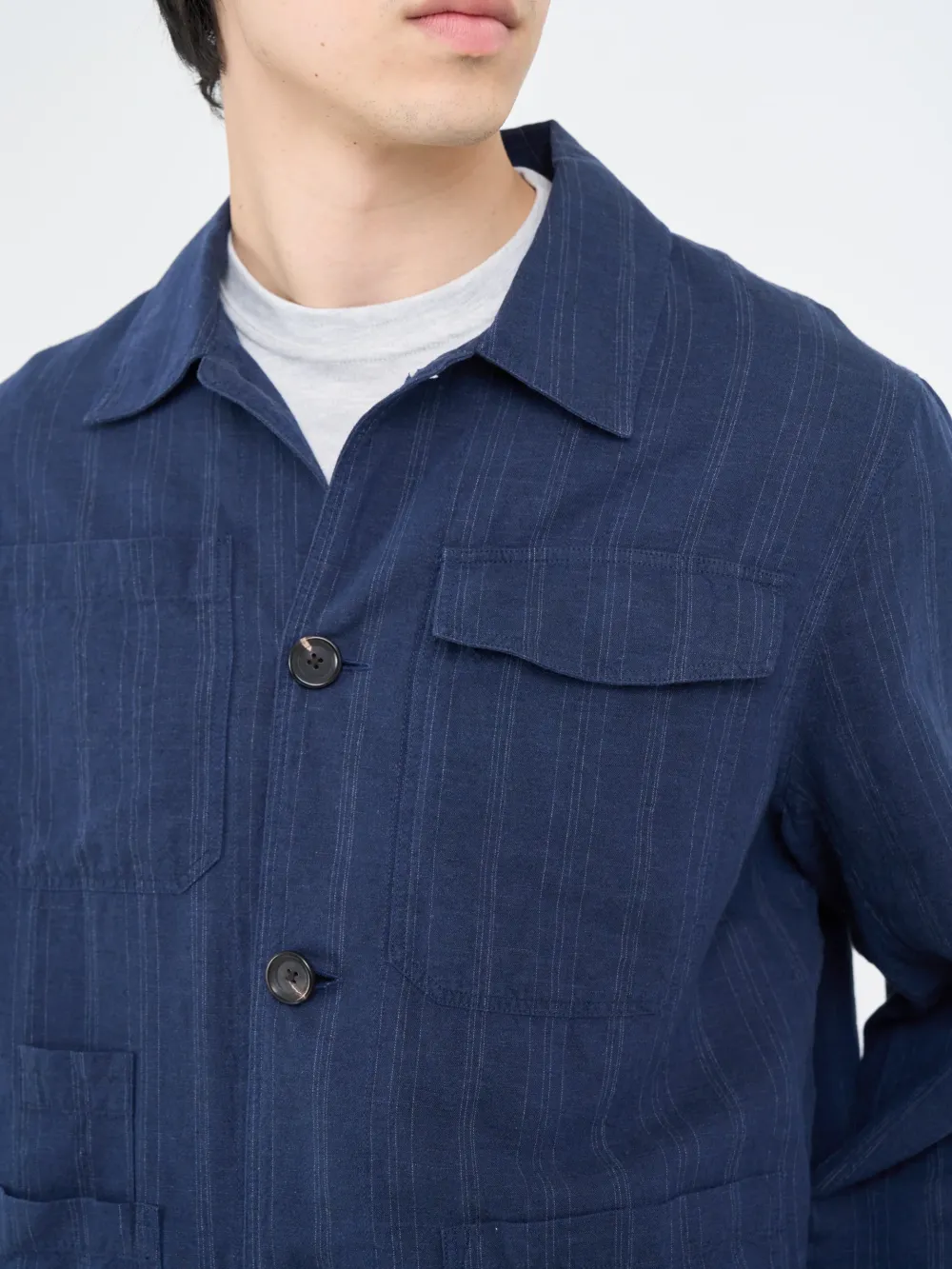 Blue Long Sleeve Cotton-Linen Jacket
