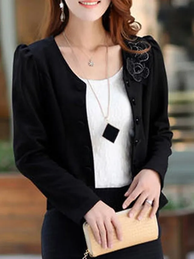 Women's Blazer Fall Short Bow Coat White Black Pink Fuchsia Elegant Street Spring Open Front Round Neck Regular Fit S M L XL XXL 3XL
