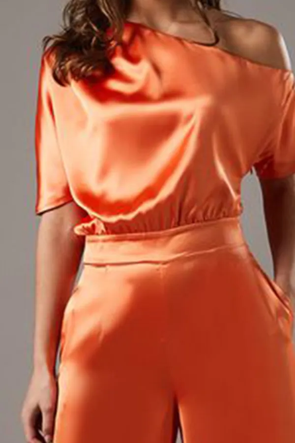 Casual Style One Shoulder Satin Orange Jumpsuit
