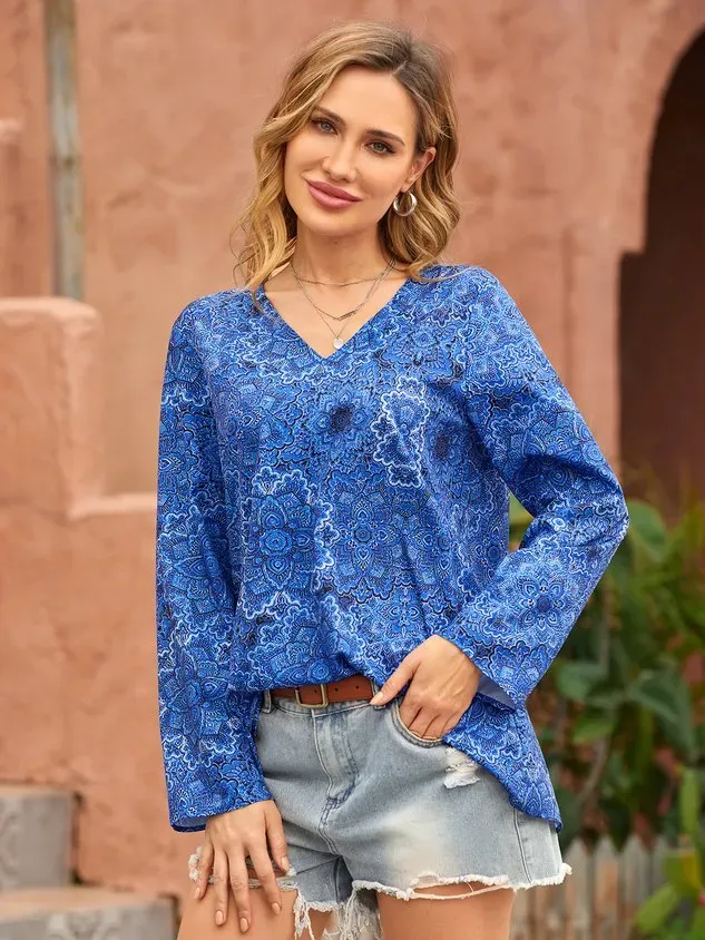 V Neck Floral Vacation Casual T-Shirt/Tee