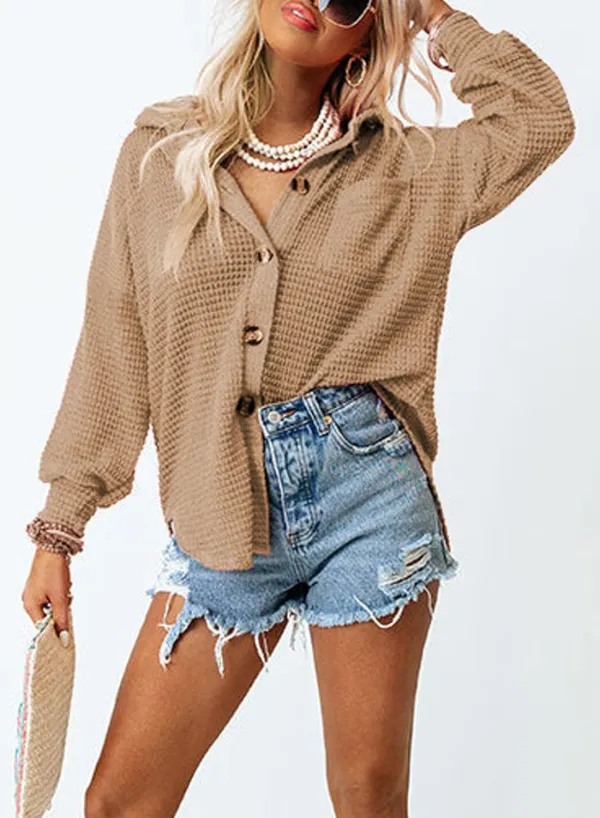 Womens Waffle Knit Button Down Shirts Casual Long Sleeve Shacket Jacket Boyfriend Tops Blouses Loose Fit