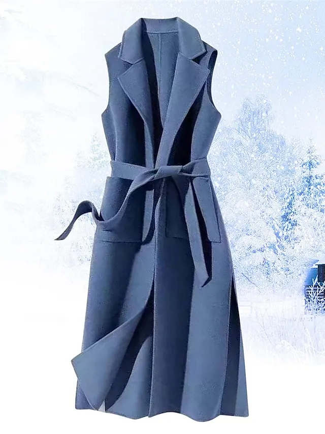 Women's Vest Winter Sleeveless Overcoat Long Pea Coat Fall Trench Coat with Belt Office Casual / Daily Fashion OuterwearBlack S