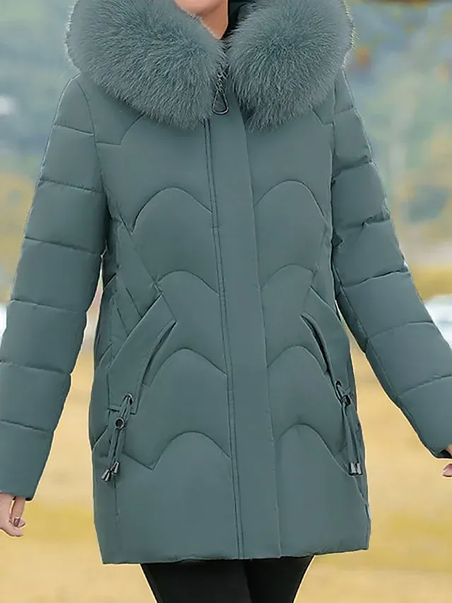 Women's Parka Warm Winter Coat Zipper Puffer Jacket with Removable Fur Collar Zipper Hoodie Heated Jacket Fashion Modern Casual Street Style Outerwear Long Sleeve Fall