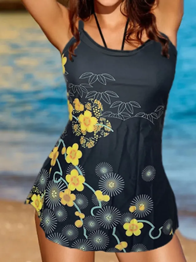 Women's Swimwear 2 Piece Plus Size Swimsuit Modest Swimwear Open Back Printing for Big Busts Flower Yellow Blue Camisole High Neck Bathing Suits New Vacation Fashion