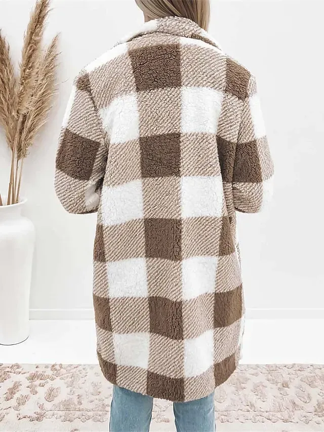 Women's Winter Coat Fleece Jacket Sherpa Jacket Thermal Warm Plaid Teddy Coat Open Front Lapel Long Coat with Pocket Fall S M L XL 2XL