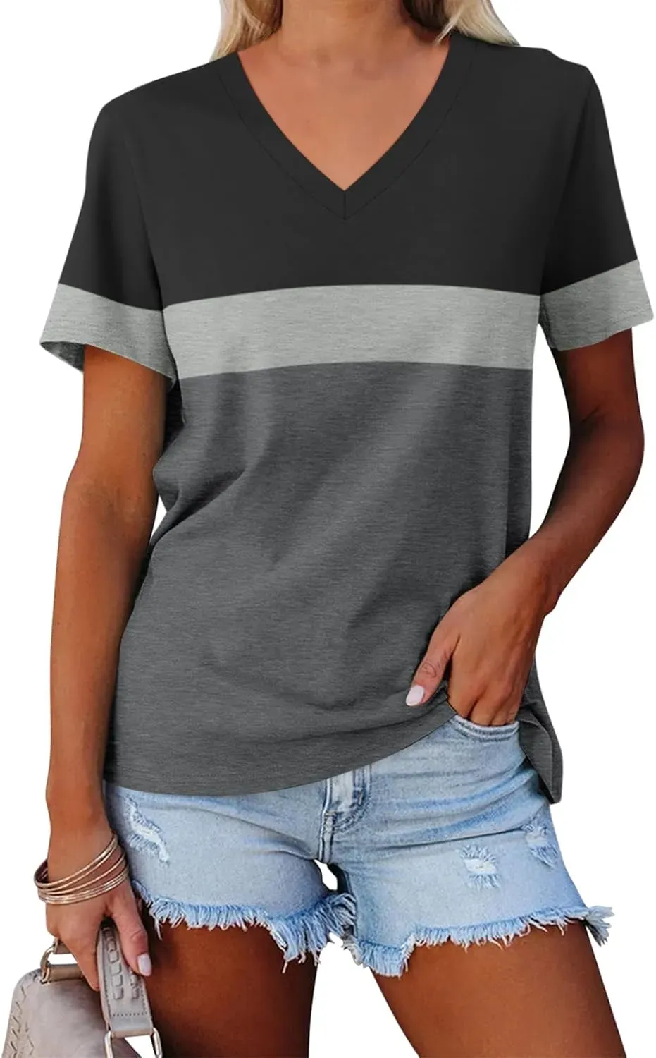 ORANDESIGNE Women's Color Block Short Sleeve T Shirts Casual V Neck Summer Tops Tees Loose Fit Blouses