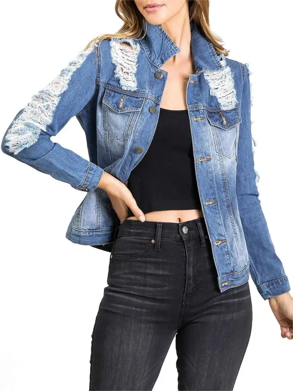 Distressed Long Sleeve Denim Jacket