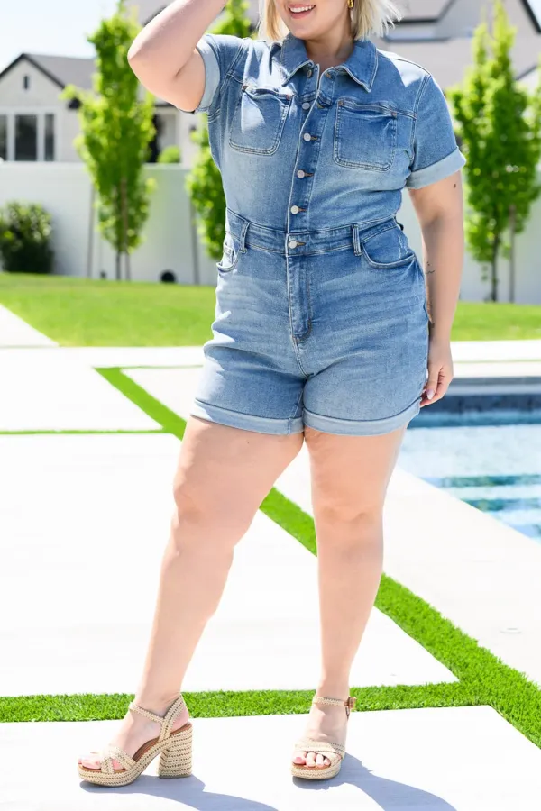 Summer Basic Slimming  Blue Denim Jumpsuit