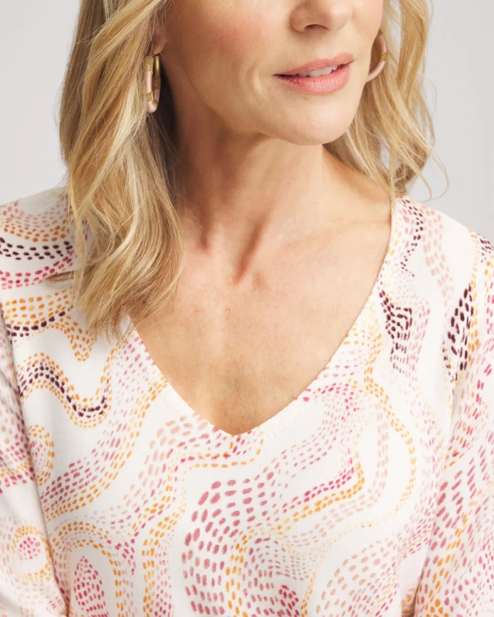 White and Pink Patterned Long Sleeve V-Neck Sweater