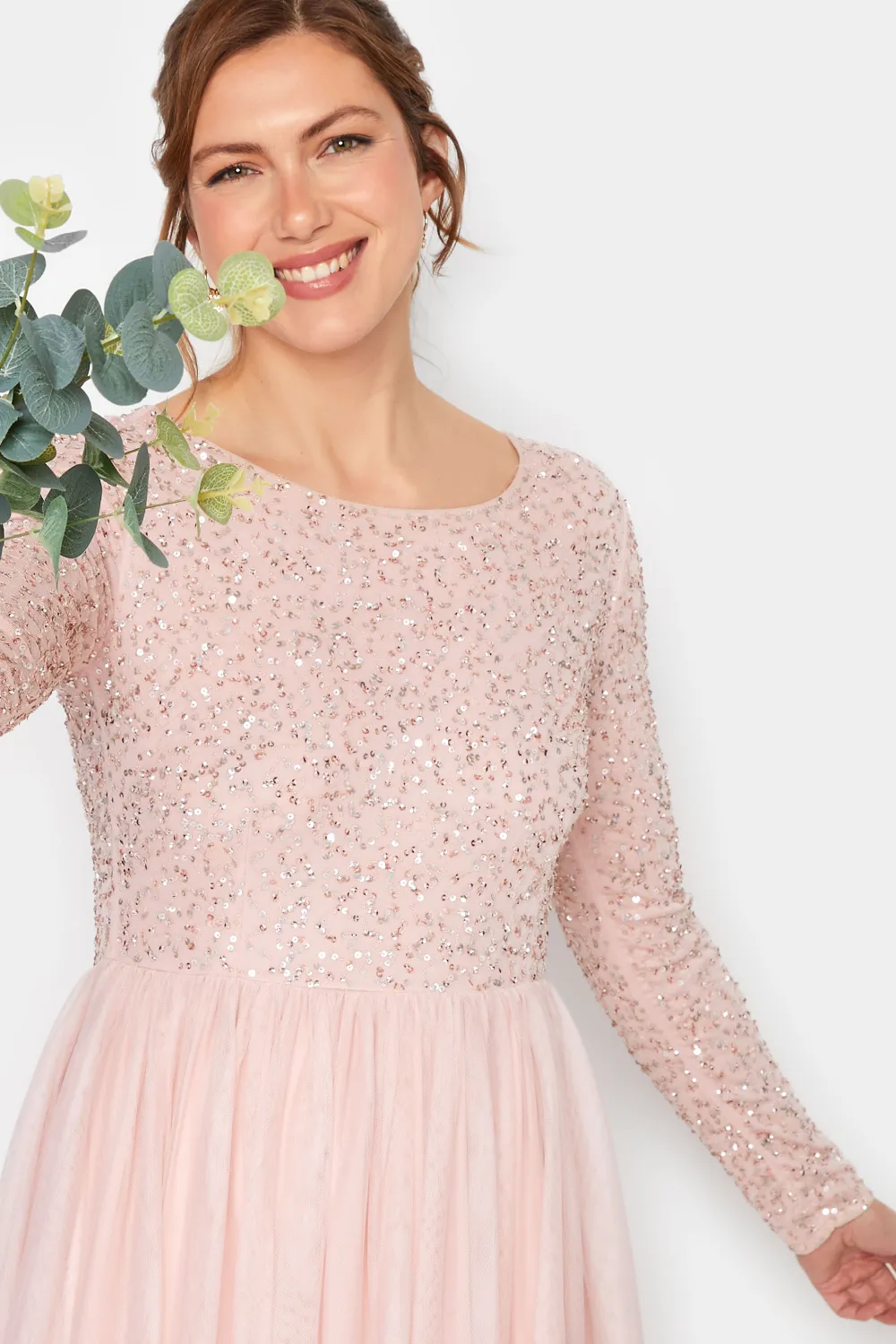 LTS Tall Blush Pink Long Sleeve Sequin Hand Embellished Maxi Dress