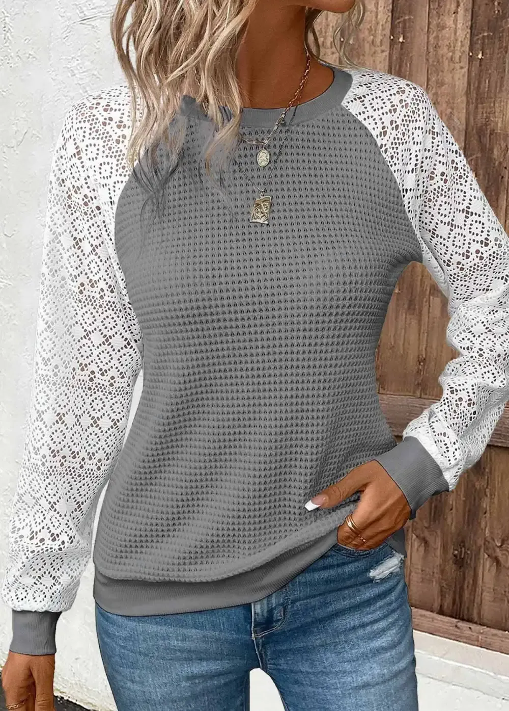 Dark Grey Patchwork Long Sleeve Round Neck Sweatshirt