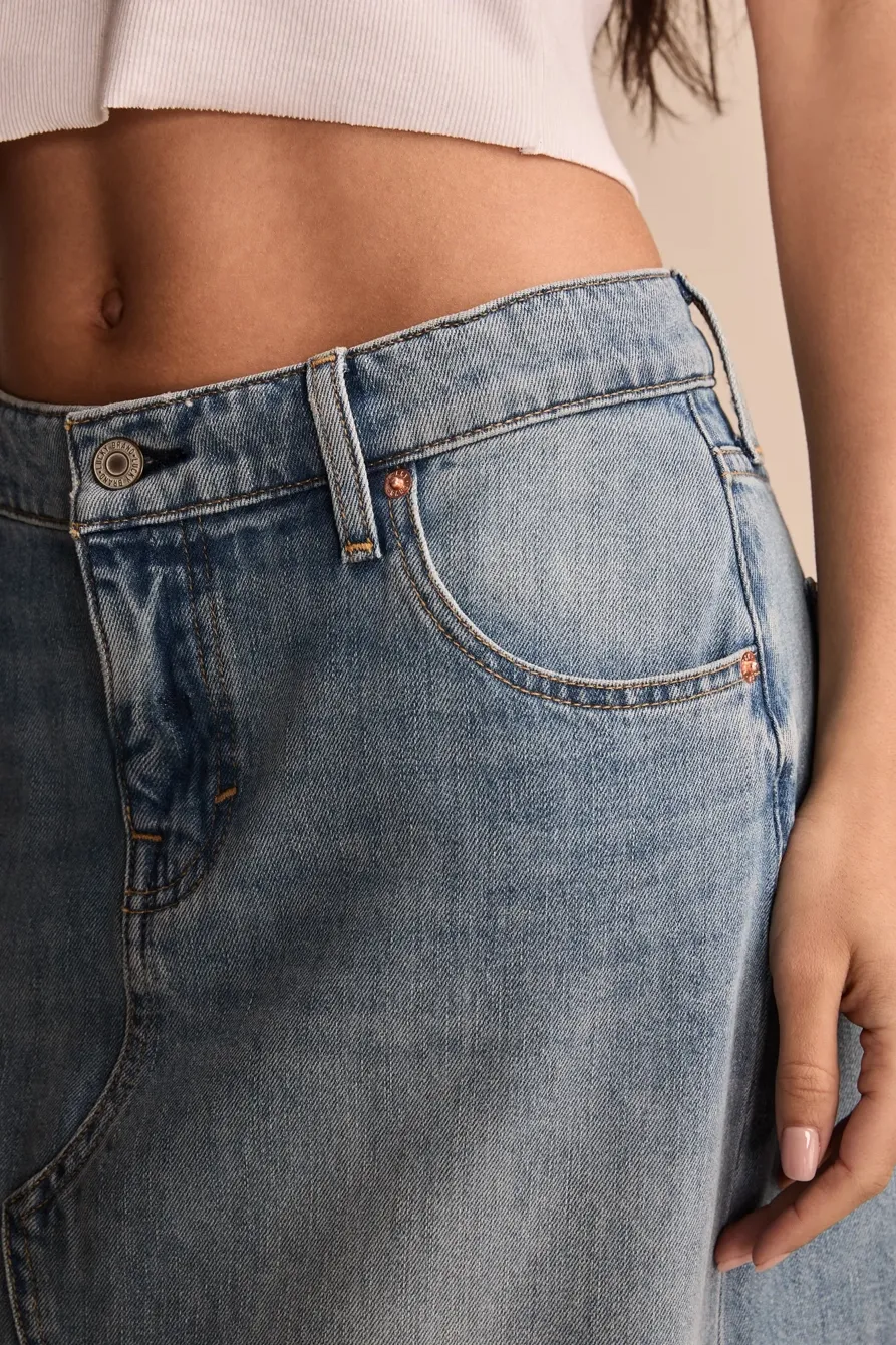 Low Rise Denim Midi Skirt