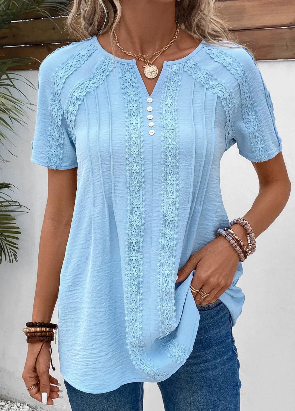 Light Blue Patchwork Short Sleeve Split Neck Blouse
