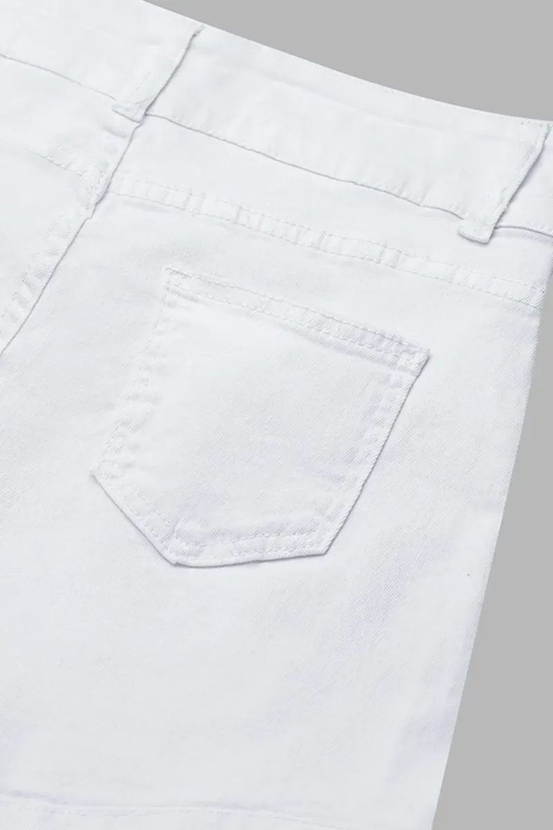 Double Button Ripped Mid Waist Denim Shorts