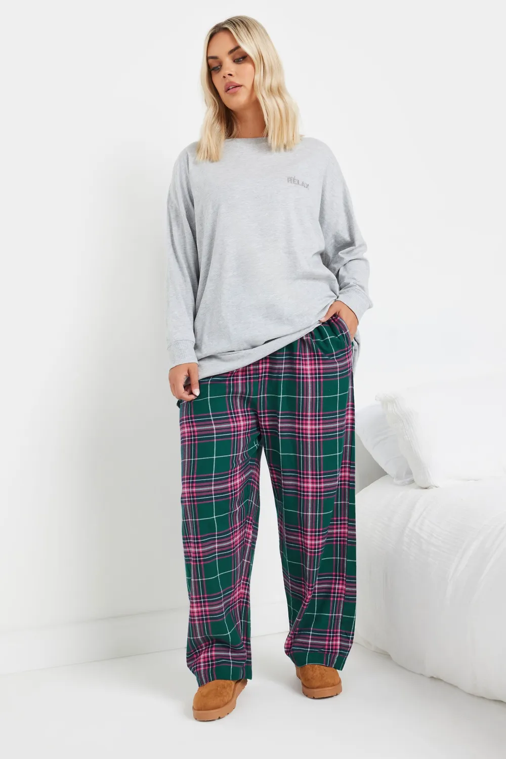 YOURS Curve Green & Pink Boyfriend Check Pyjama Bottoms