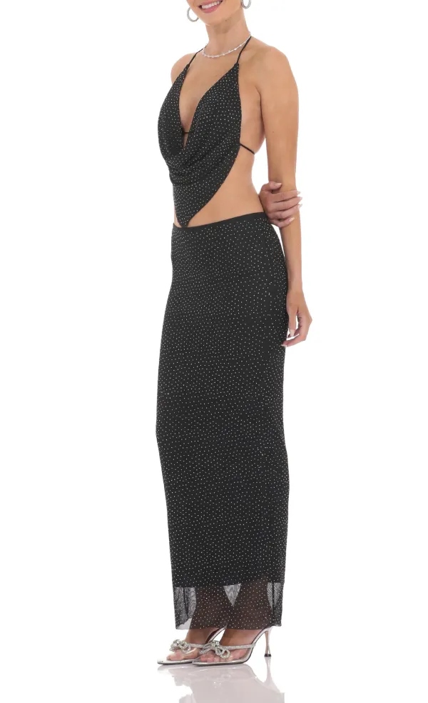 Draped Rhinestone Two Piece Set in Black