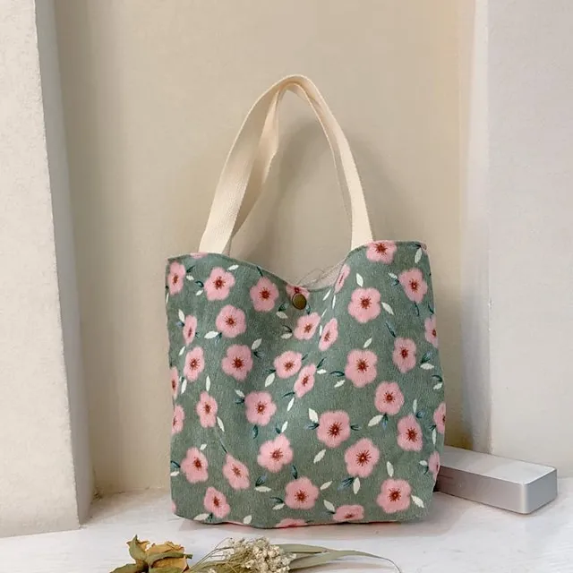 Women's Tote Tote Canvas Tote Bag Corduroy Shopping Daily Print Flower small green flowers Corduroy Blue Daisy Portable Corduroy Red Rose Portable