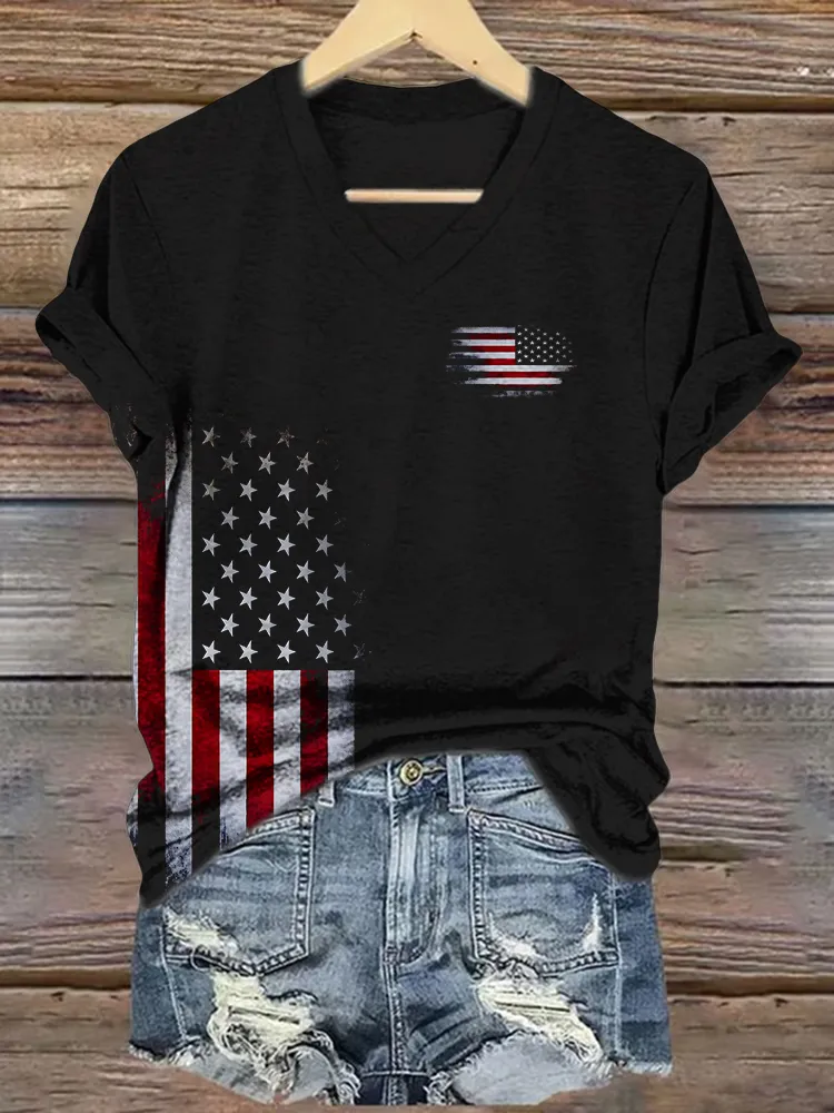 Women's Independence Day Flag Short Sleeves V-Neck Pure Cotton T-Shirt