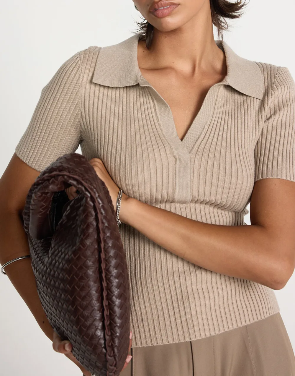 Cropped Ribbed Lapel Slim T-Shirt