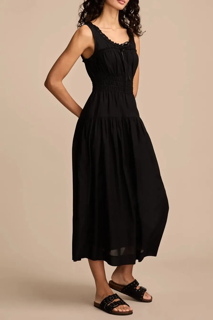 Poplin Lace Trimmed Smocked Midi Dress