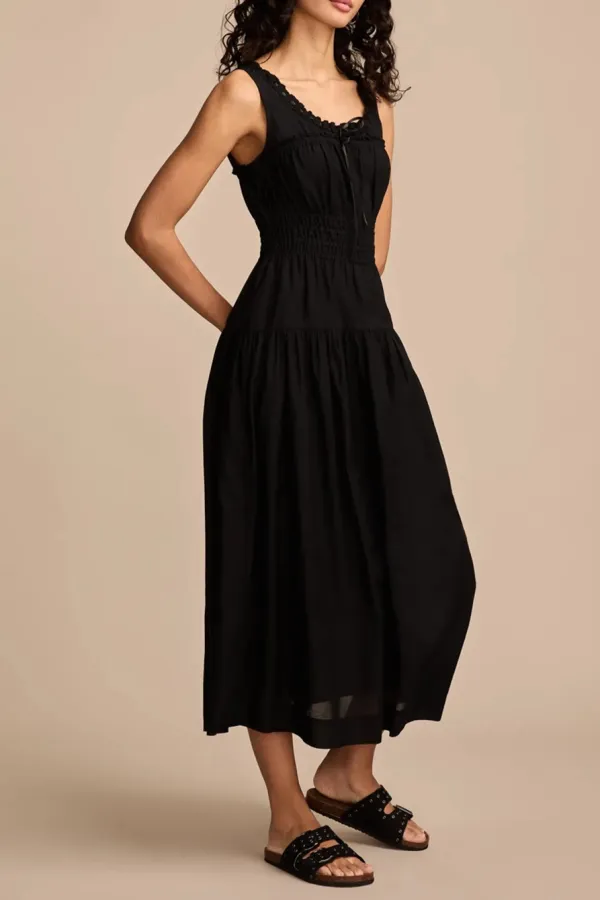 Poplin Lace Trimmed Smocked Midi Dress