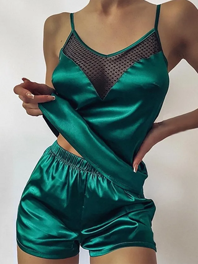 Women's Pajamas Sets Nighty Pjs 2 Pieces Pure Color Fashion Simple Comfort Home Daily Bed Satin Breathable Gift V Wire Sleeveless Shorts Backless Spring Summer Green Purple / Silk