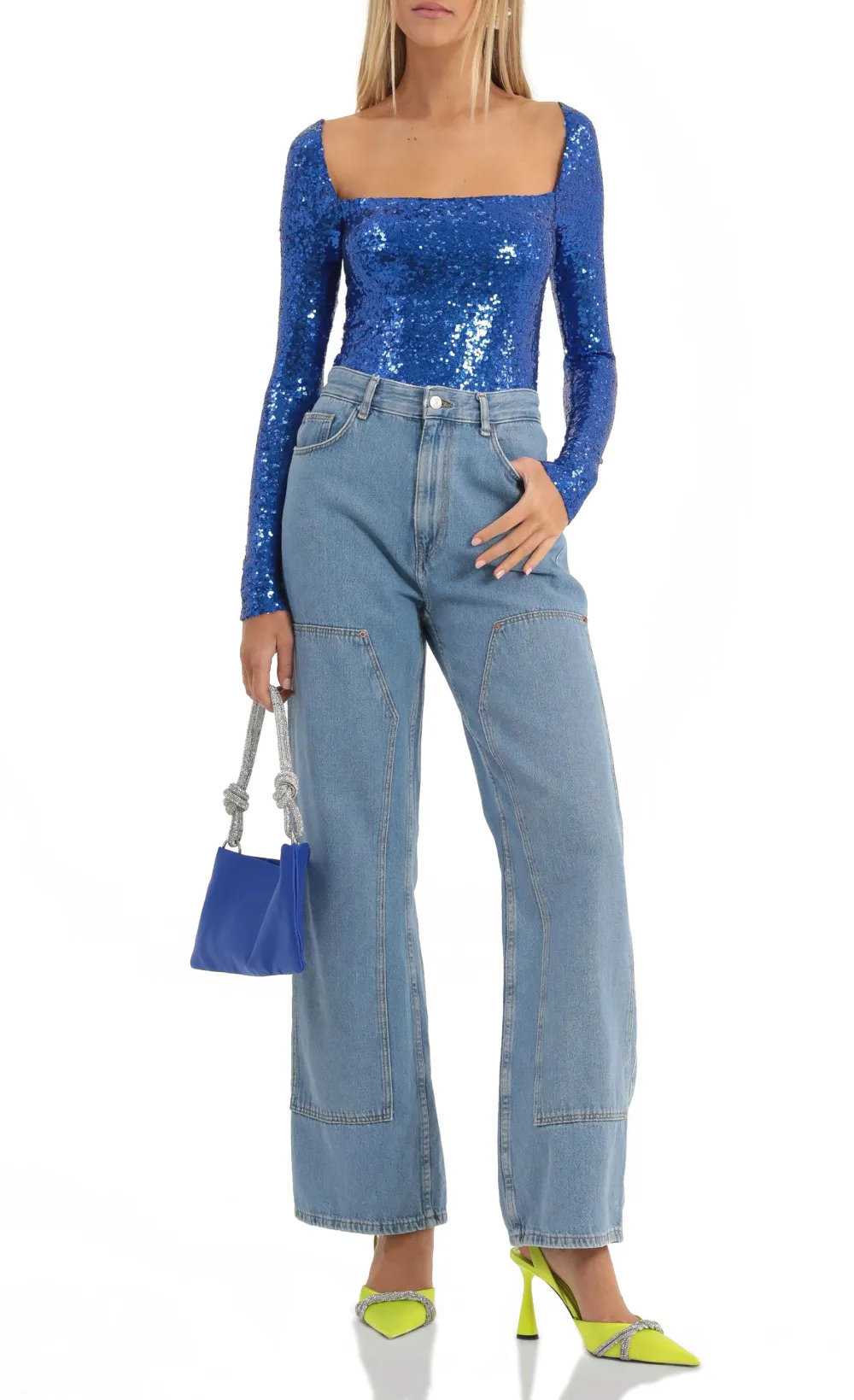 Sequin Long Sleeve Bodysuit in Blue