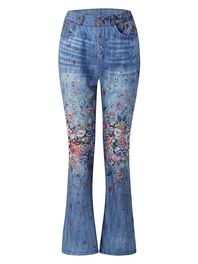Women's Jeans Bootcut Flared Pants Full Length Faux Denim Print High Elasticity High Waist Fashion Streetwear Casual Daily 1 2 S M Fall & Winter