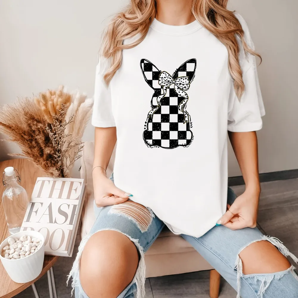 Black And White Checkerboard Easter Bunny Printed Round Neck Short Sleeve T-Shirt