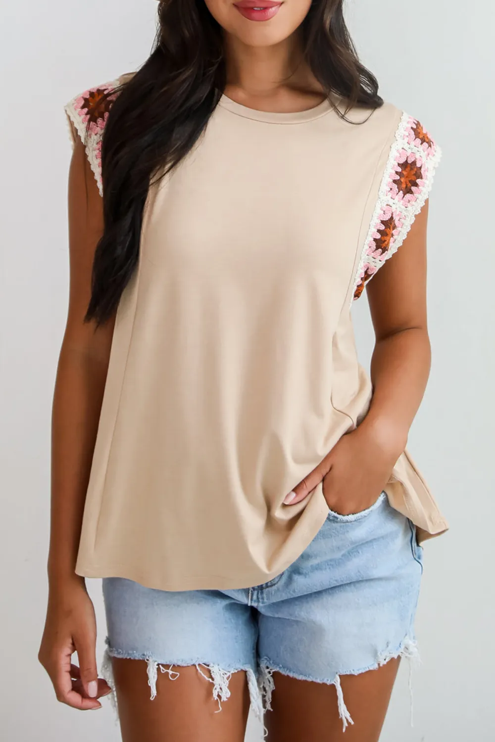Adored Cutie Mocha Crochet Sleeve Top