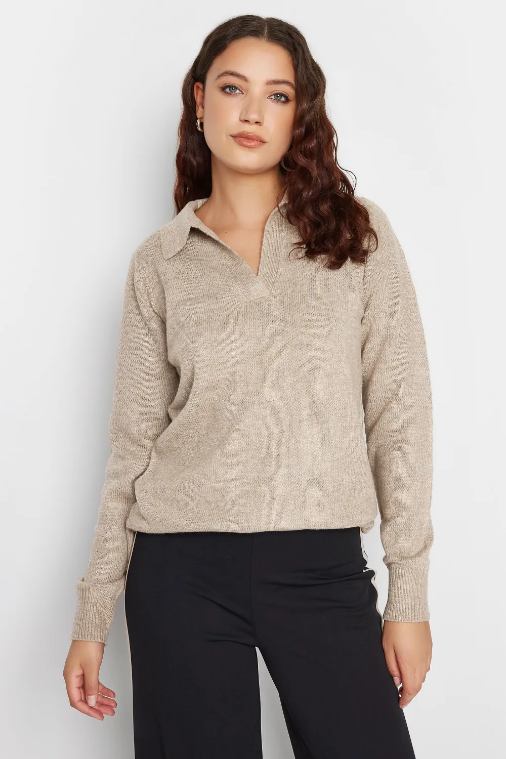 LTS Tall Beige Brown Open Collar Jumper