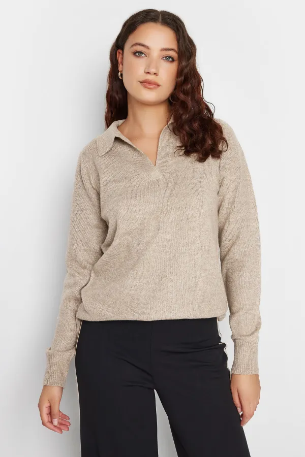 LTS Tall Beige Brown Open Collar Jumper