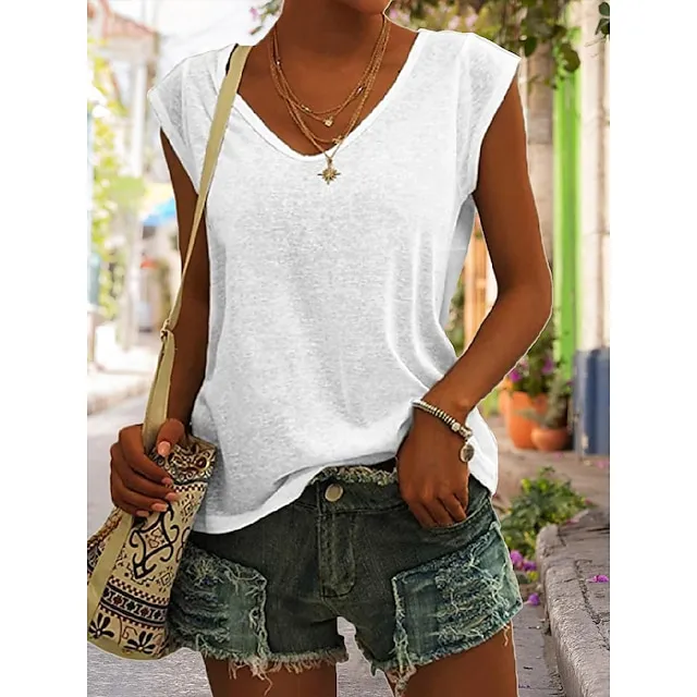 Women‘s Blouse T shirt Tee Basic Plain Daily V Neck Sleeveless Regular Summer Green White Black Blue Pink