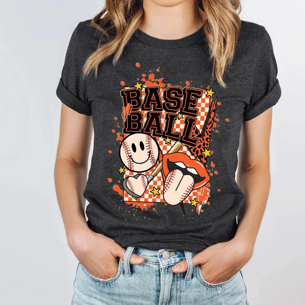 I Love Baseball Opening Day Printed Round Neck Short Sleeve T-Shirt