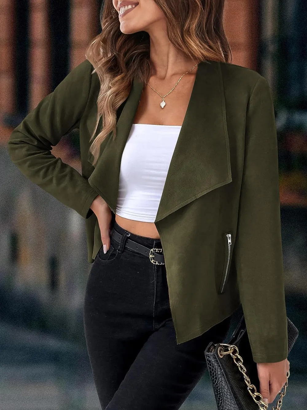 Women's Faux Suede Jackets 2023 Fall Clothes Long Sleeve Open Front Cropped Coat Outwear