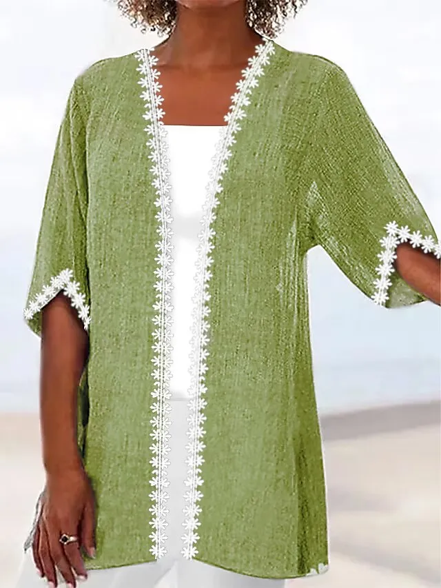 Women's Jacket Kimono Casual Jacket Lace Solid Color Comfortable Boho Loose Fit Outerwear 3/4 Length Sleeve Summer Light Blue Gary S M L