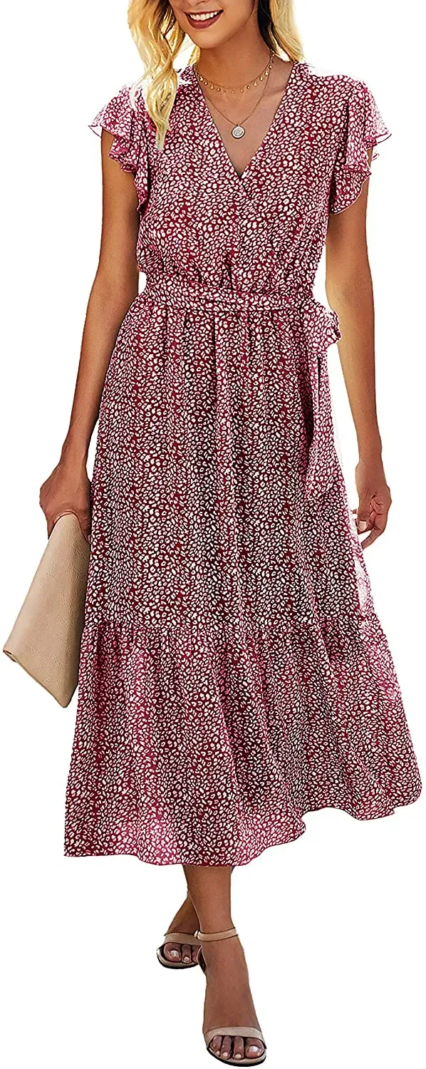 Women Summer Bohemian Floral Casual Wrap V Neck Ruffle Cap Sleeveless Belt A-Line Pleated Hem Swing Midi Sun Dress