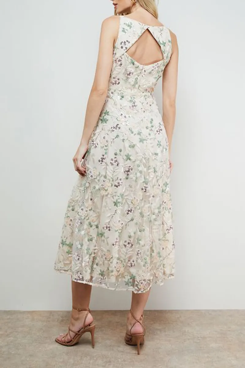 Ivory Hand Embellished V Neck Dress