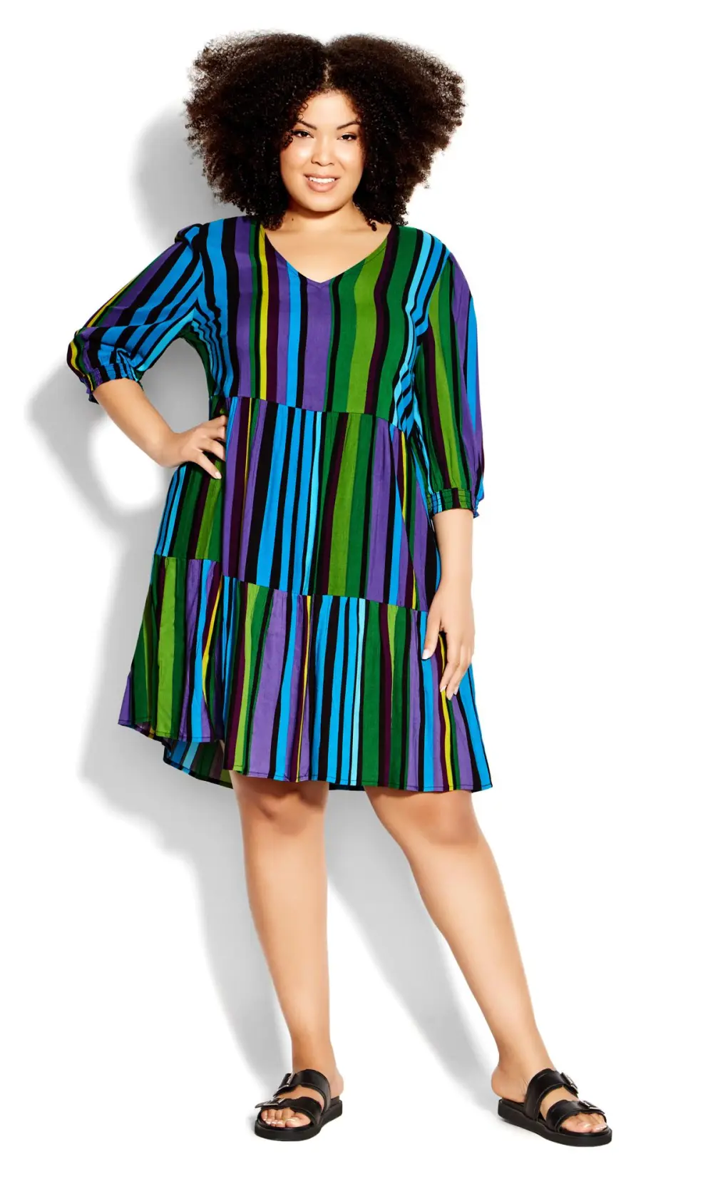 Evans Black & Green Striped Tiered Smock Dress