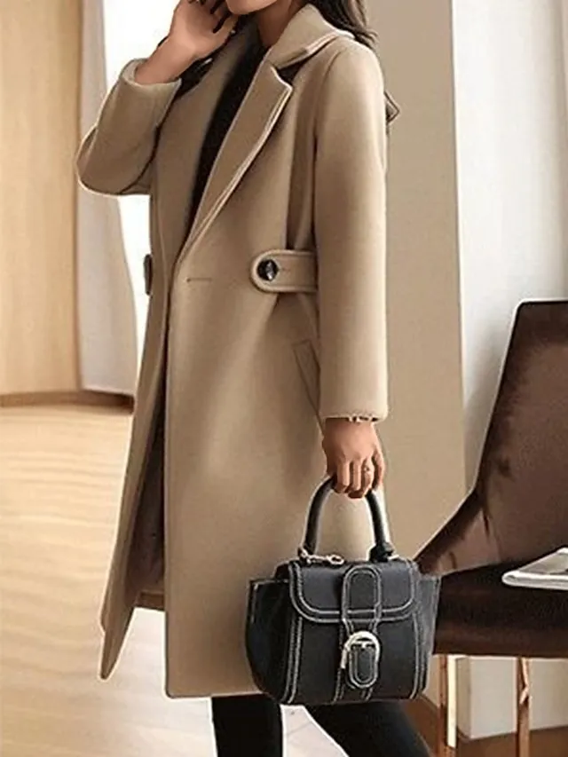 Women's Winter Coat Long Pea Coat Lapel Fall Warm Overcoat Maillard Windproof Warm Outerwear with Pockets Trench Coat Comtemporary Stylish Casual Jacket Long Sleeve Red Camel Brown