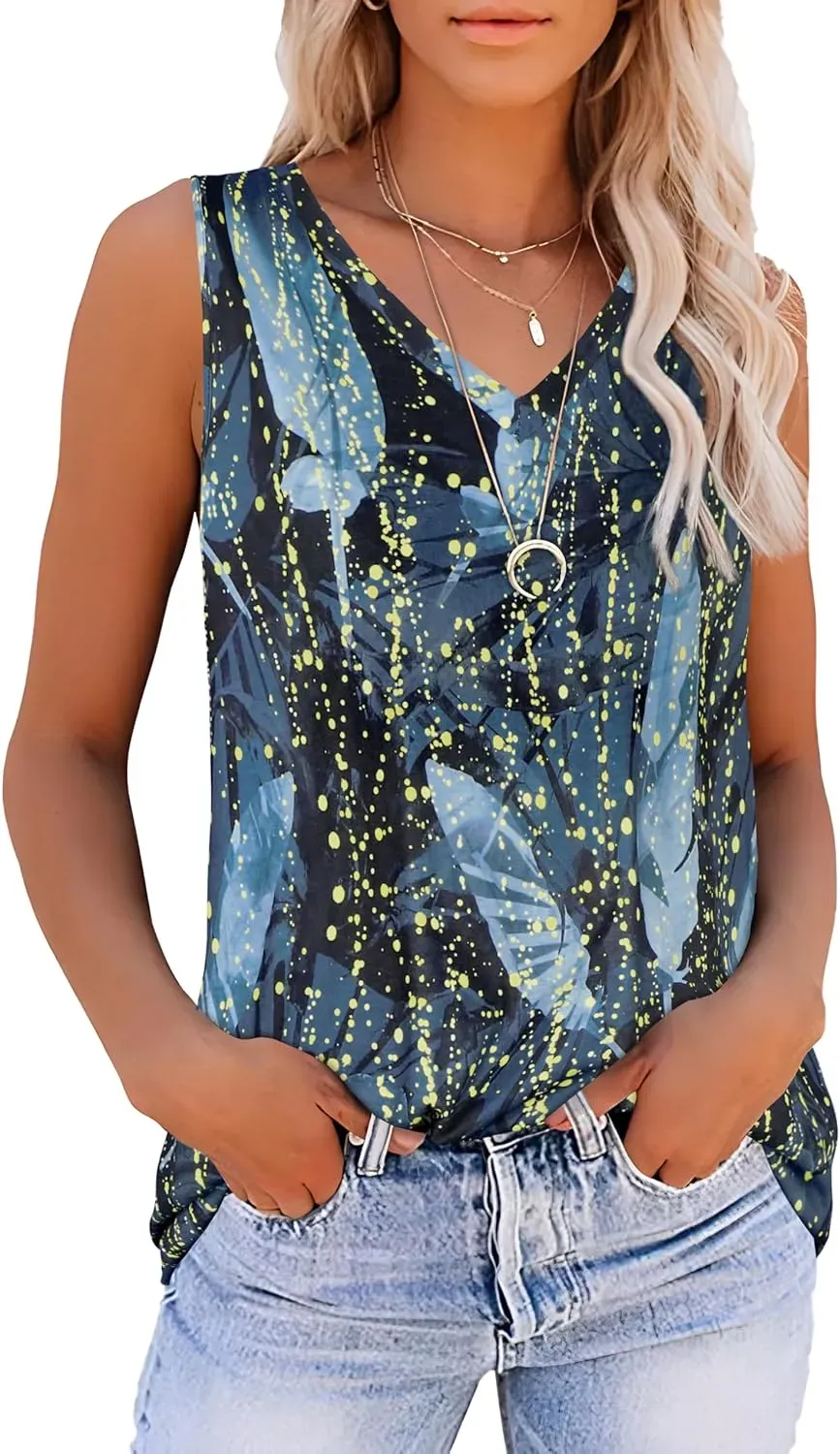 Summer Tops for Women Sleeveless V Neck Tshirt Loose Fit Casual Tank Tunic Blouse