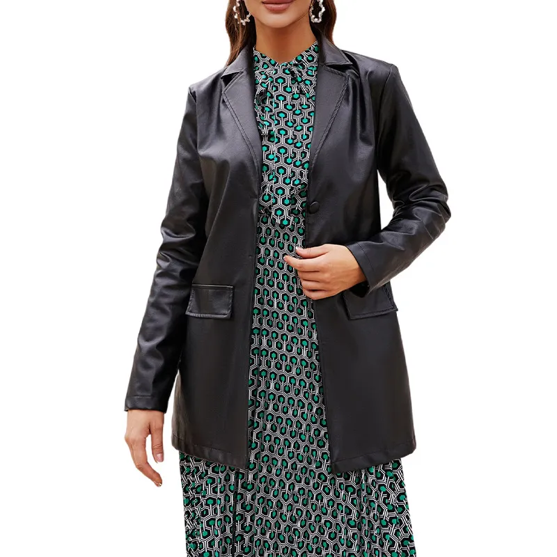 Solid Leather Front Pockets Trench Coat