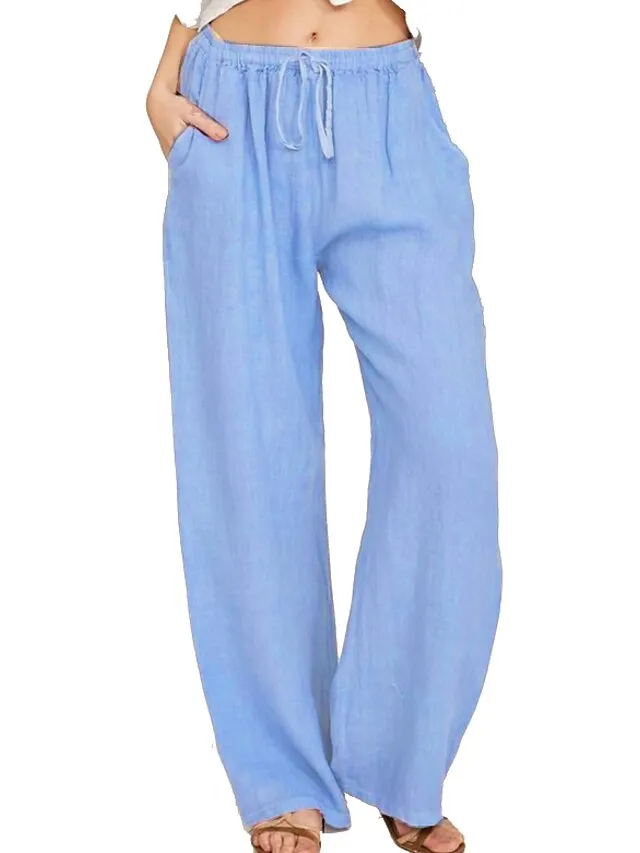 Women's Basic Essential Classic Culottes Wide Leg Chinos Drawstring Pants Casual Inelastic Solid Colored Faux Linen Lightweight Mid Waist Loose Black Blue Gray Dusty Blue S M L XL XXL
