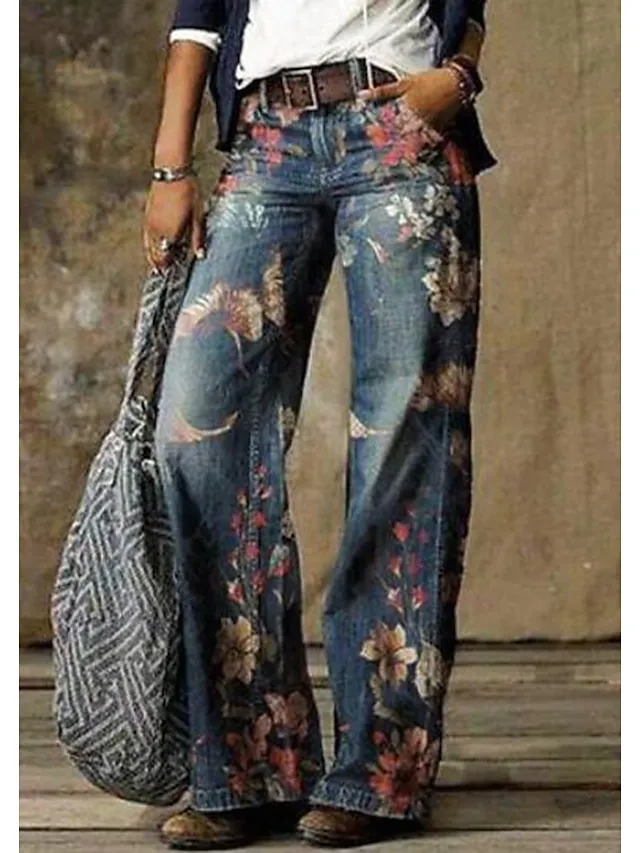Women's Jeans Bootcut Wide Leg Full Length Faux Denim Wide Leg Print Micro-elastic Mid Waist Fashion Casual Weekend flower number 6 flower number 18 S M