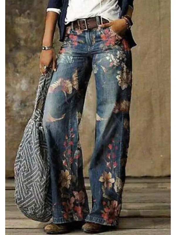 Women's Jeans Bootcut Wide Leg Full Length Faux Denim Wide Leg Print Micro-elastic Mid Waist Fashion Casual Weekend flower number 6 flower number 18 S M