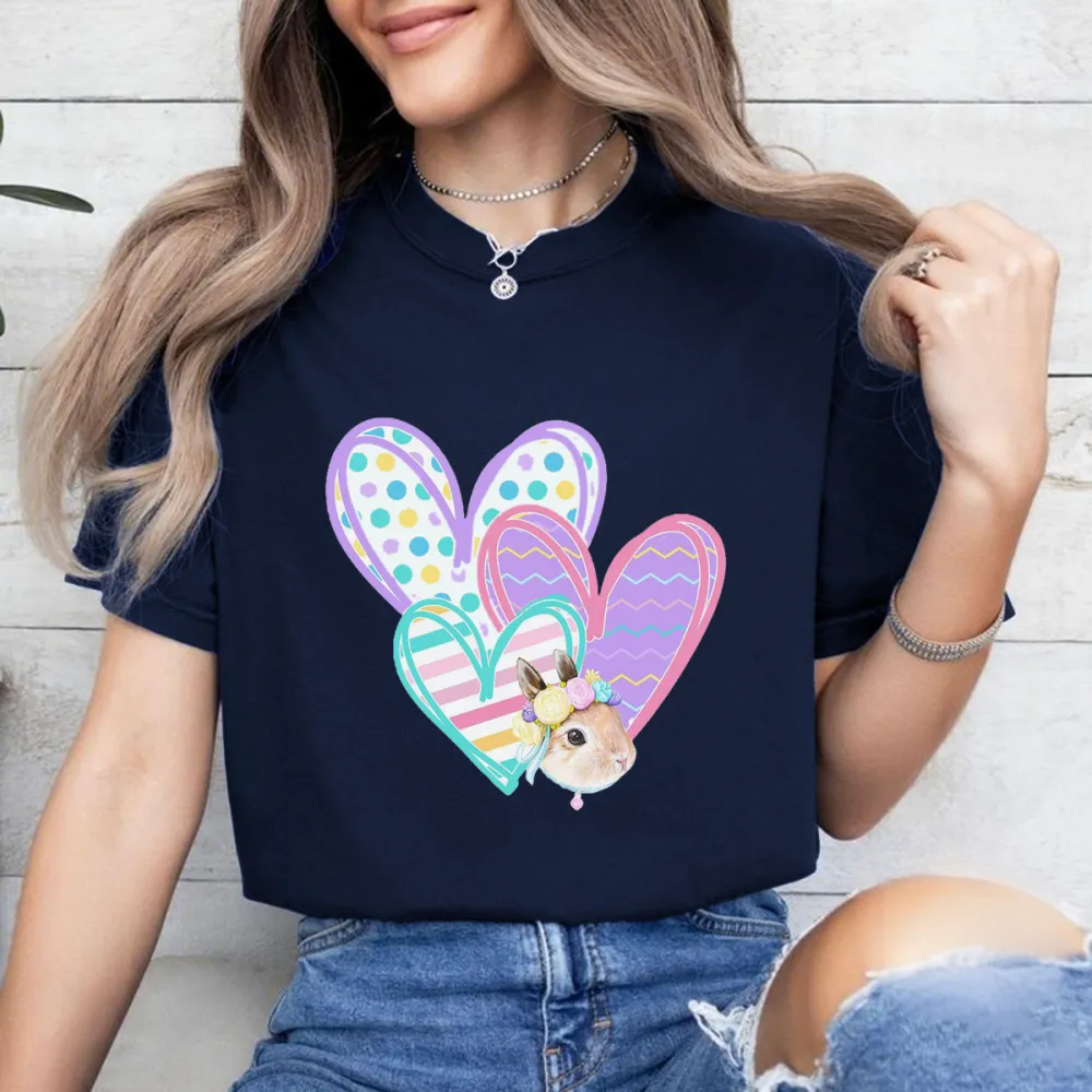 A Cute Little Rabbit, Surrounded By Several Decorative Heart-Shaped Patterns With Different Patterns Such As Polka Dots And Stripes, A Casual T-Shirt.